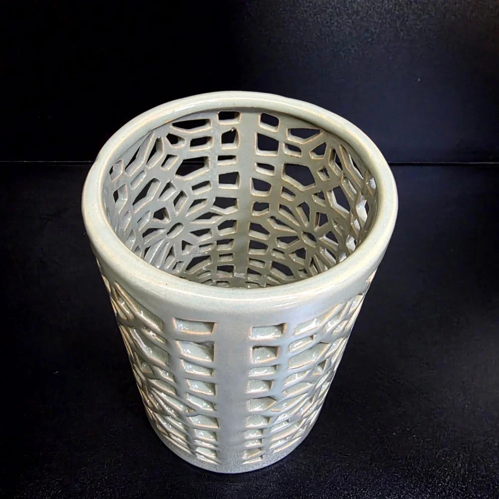 Unbranded Lattice Vase Sage Green Ceramic Geometric Cutout Decor 6.5in Starburst